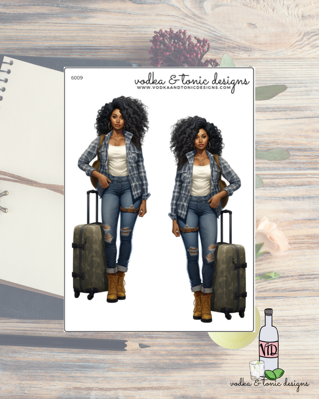Illustration of a woman with luggage on a wooden surface with 'vodka & tonic designs' branding.