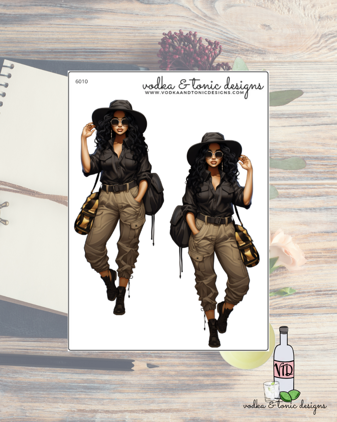Illustration of a woman in a safari outfit with 'vodka & tonic designs' branding.