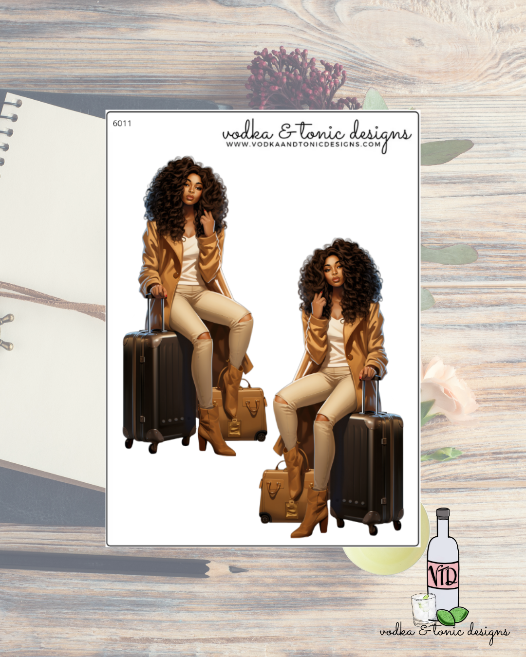 Illustration of a woman sitting on suitcases with 'Vodka & Tonic Designs' branding.