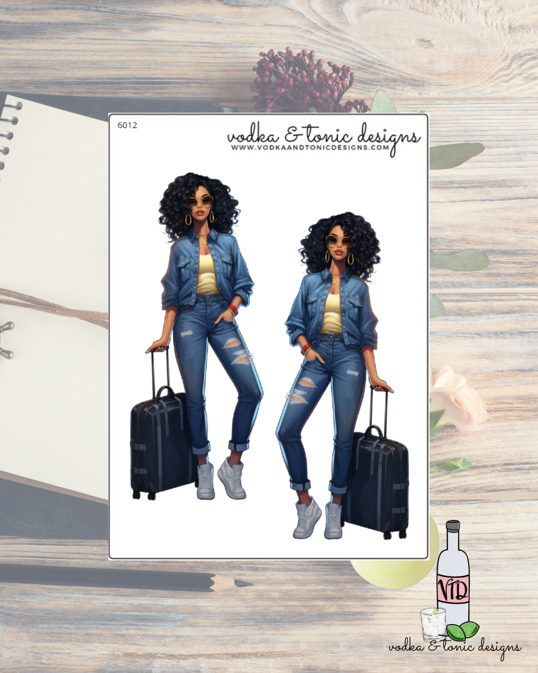 Illustration of a woman with curly hair wearing a denim jacket and jeans, holding a suitcase, on a wooden surface with 'Vodka & Tonic Designs' branding.