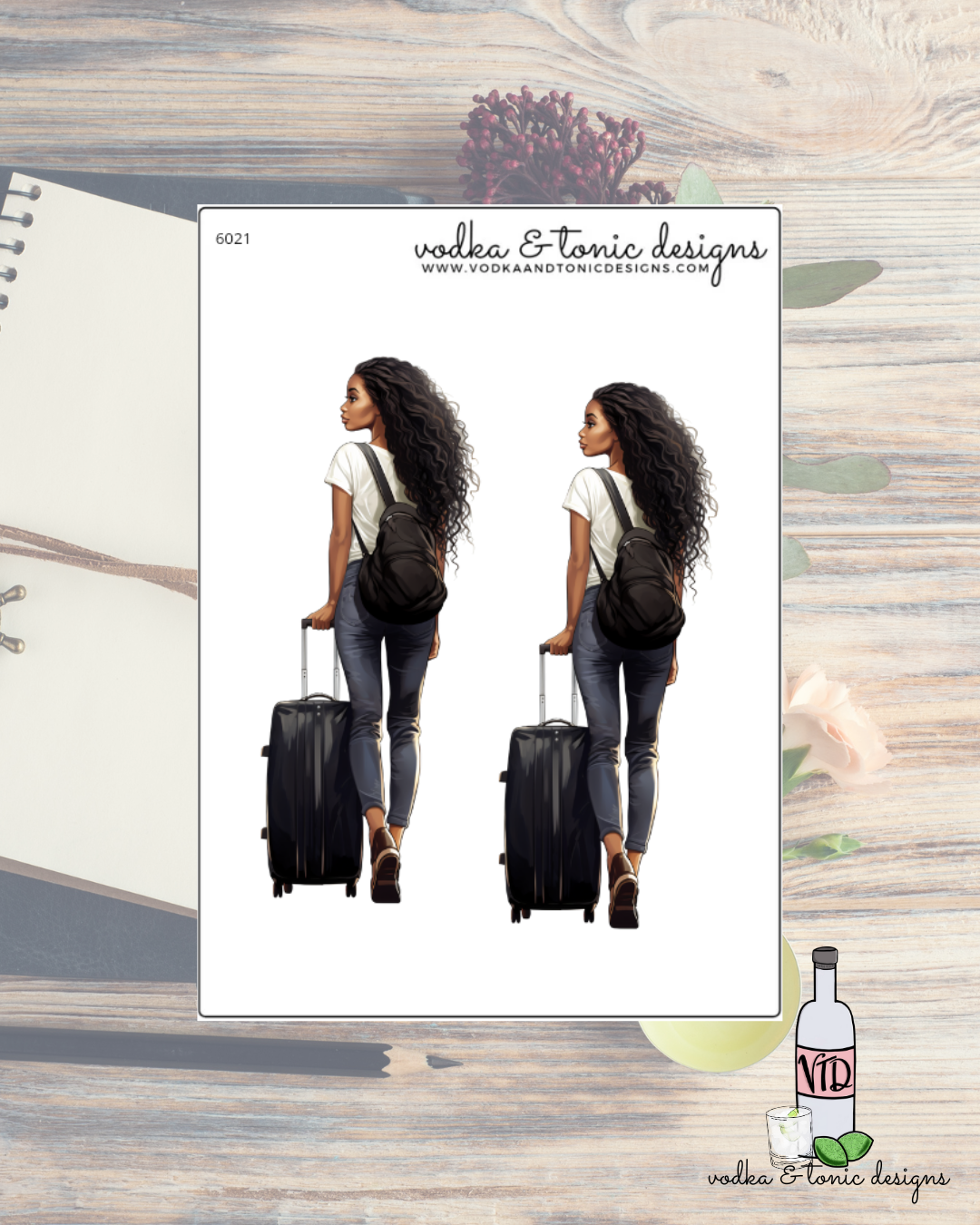Design mockup with two women with luggage on a wooden surface, featuring 'vodka & tonic designs' branding.