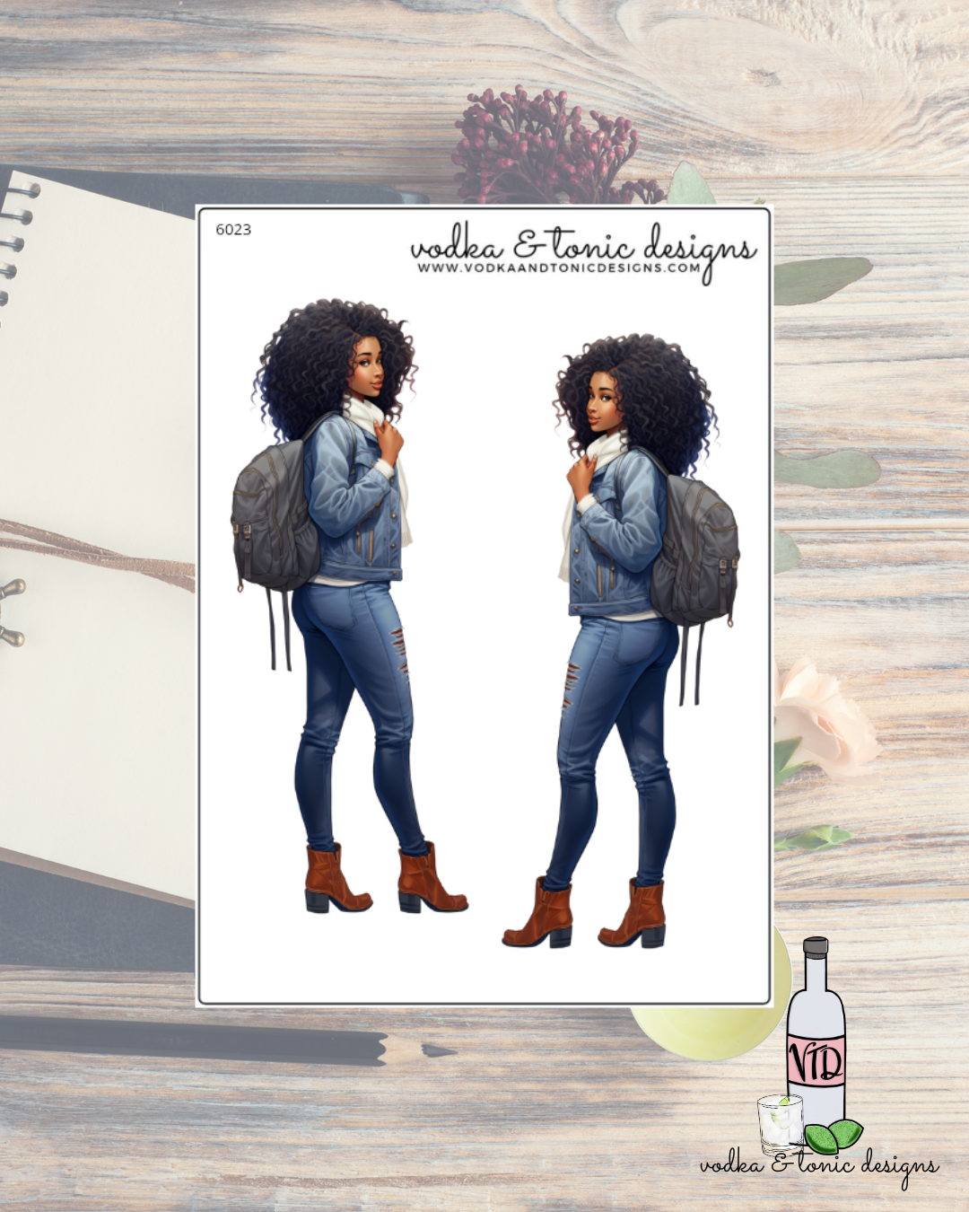 Illustration of a person wearing a denim outfit with a backpack on a wooden surface.