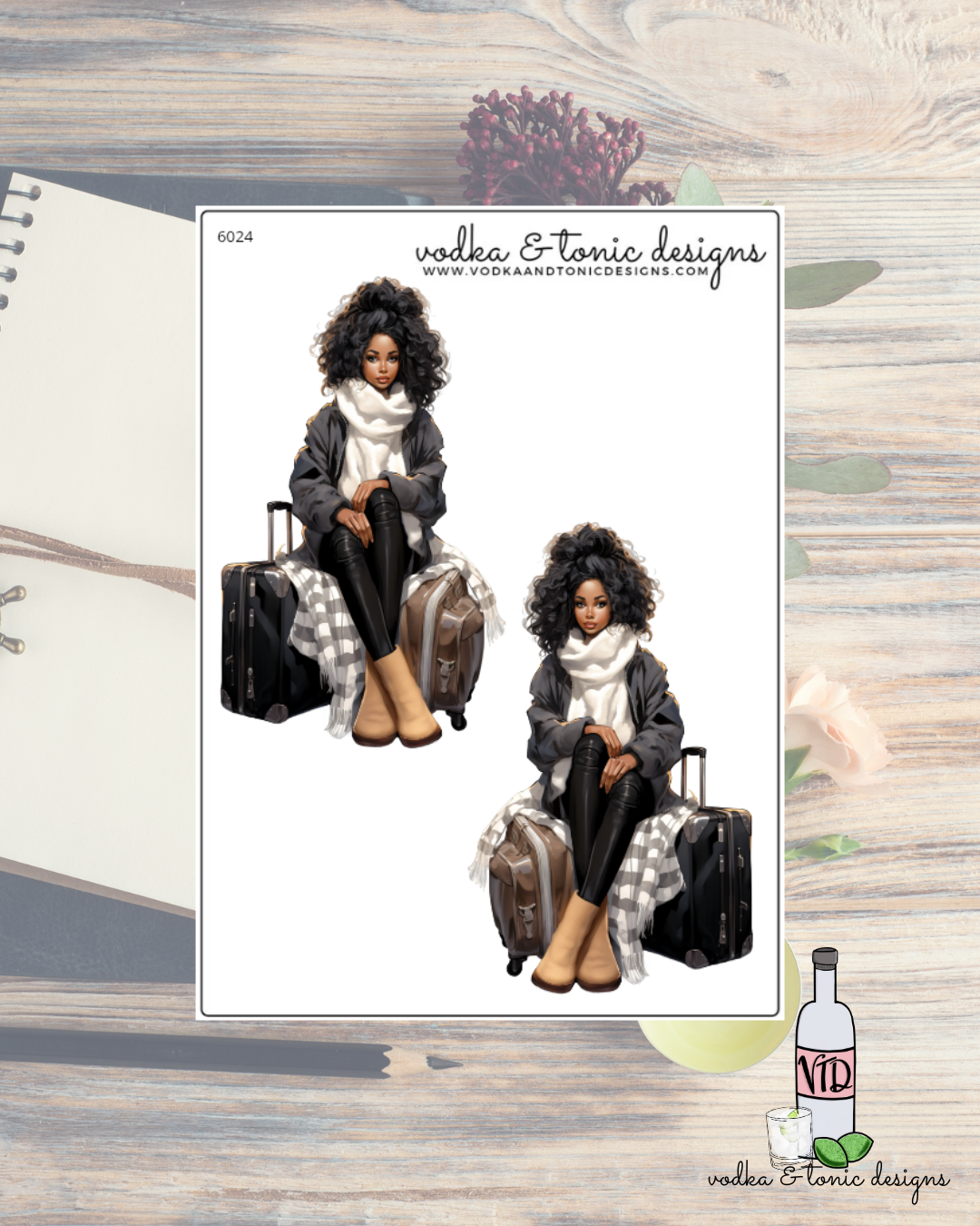 Illustration of two women with luggage on a wooden surface, featuring 'vodka & tonic designs' branding.