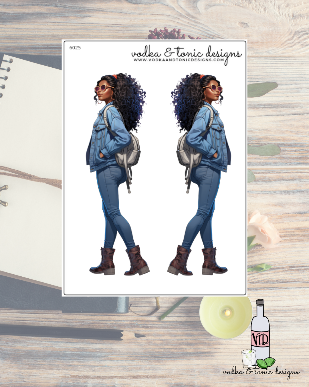 Illustration of a woman in a denim outfit with a backpack on a wooden surface.